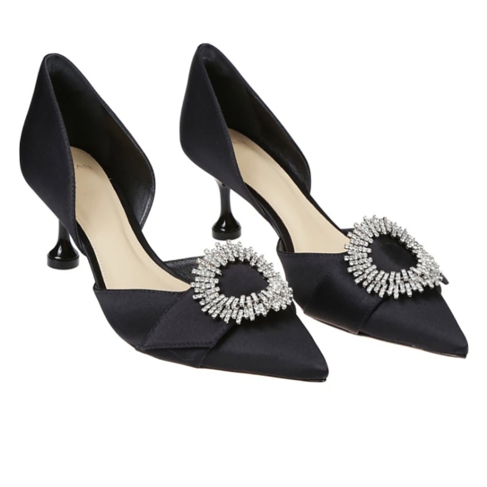 NIB$695 Alexandre Birman Madelina Flare Crystal Buckle D'Orsay Pumps 38 7.5